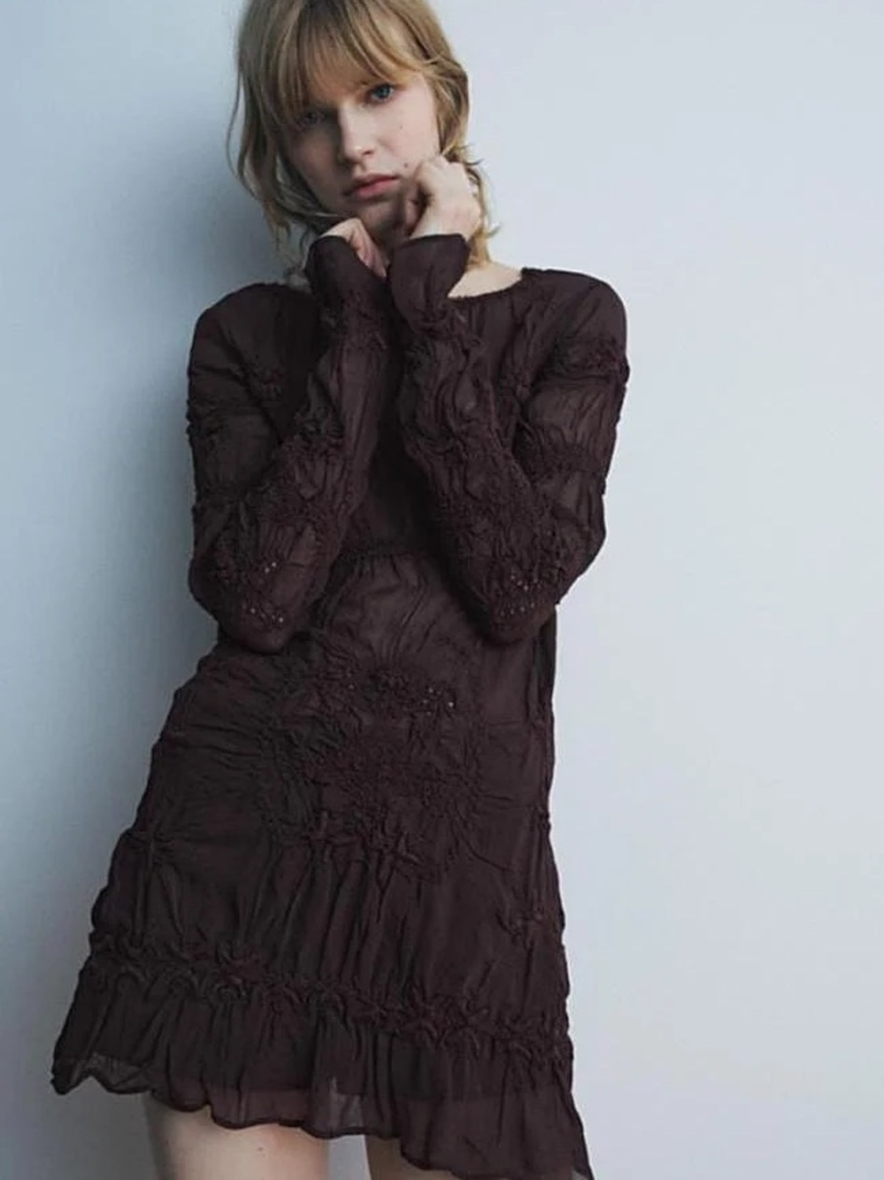 Women's Brown Long-Sleeve Textured Mini Dress